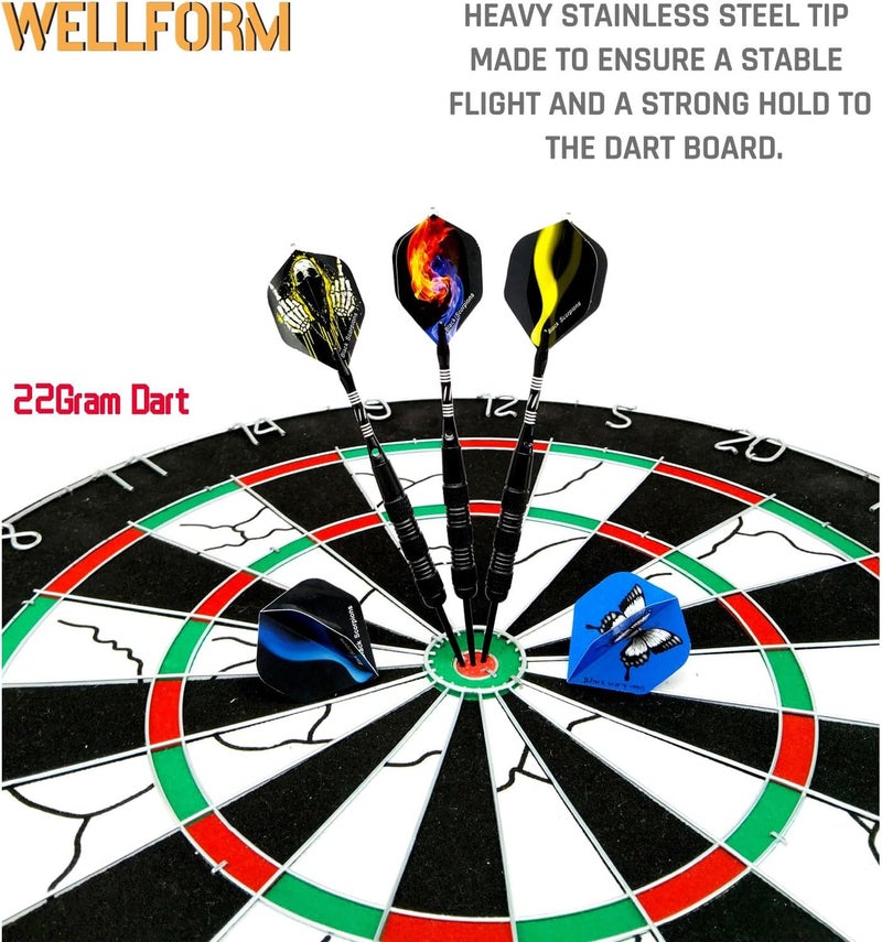 WELLFORM Darts Metal Tip Set，12 Pack 22 Gram with Nonslip Iron Barrel, Darts Steel Tip Set Professional,with 12 Aluminum Dart Shafts, 24 Extra Flights, Dart Sharpener, Dart Wrench, Stylish Gift Box - Image 4